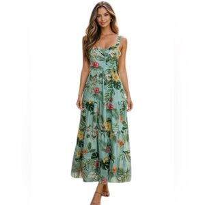Ambition Tropical Maxi Dress Size S Green Floral Sleeveless